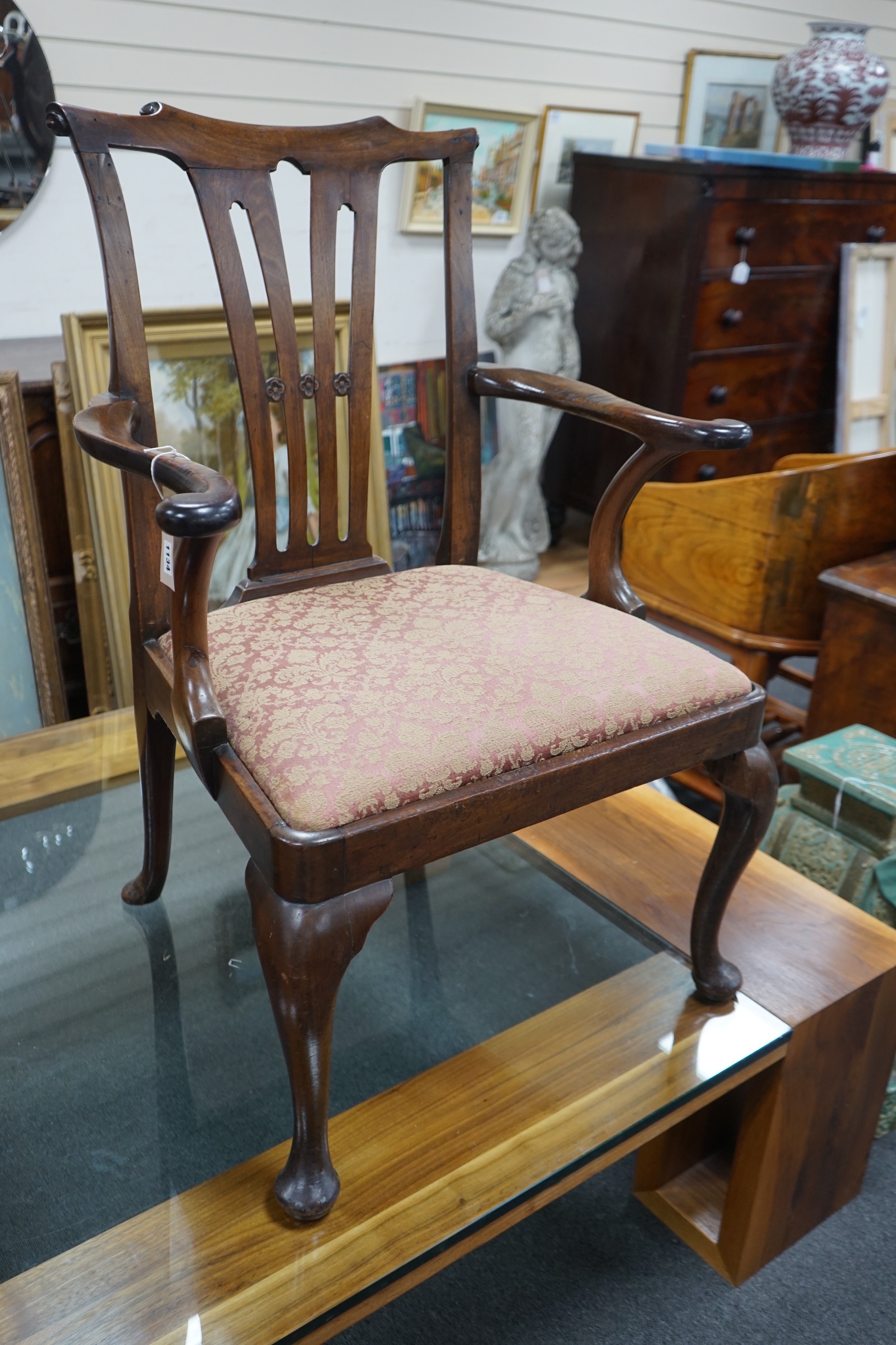 A George III mahogany elbow chair, width 70cm, depth 52cm, height 98cm